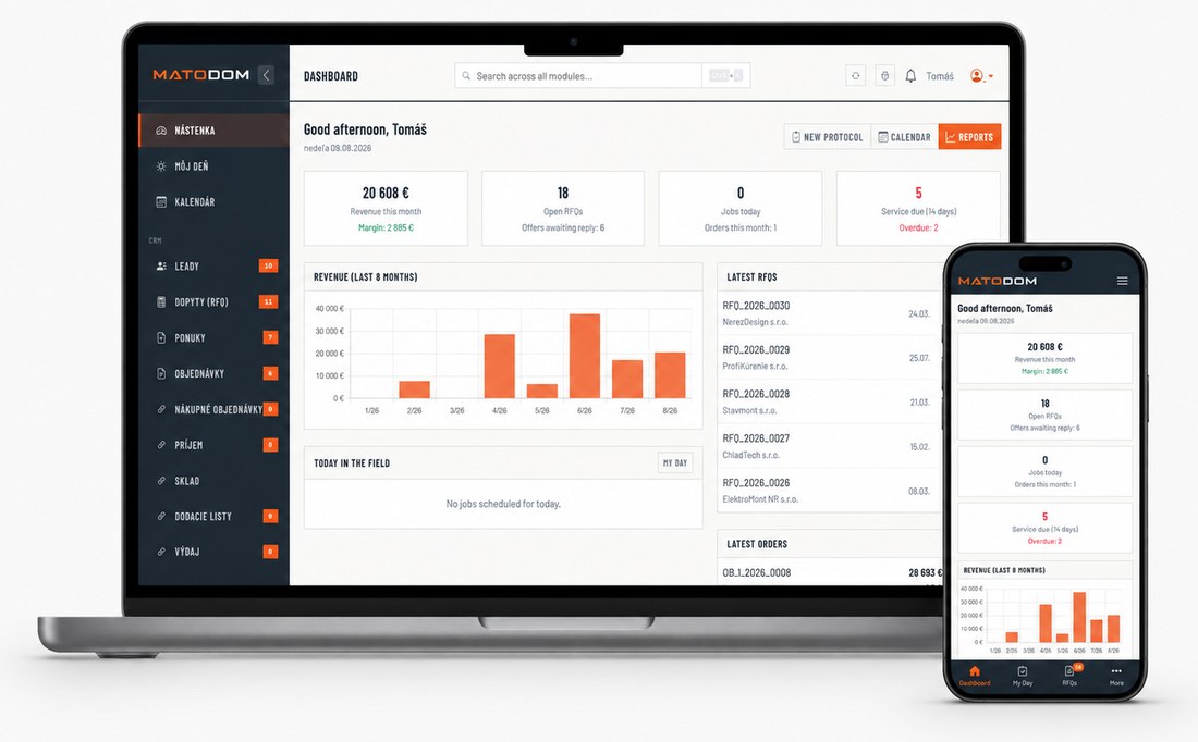 MATODOM dashboard - prehľad firmy: tržby, zákazky, faktúry po splatnosti a technici v teréne