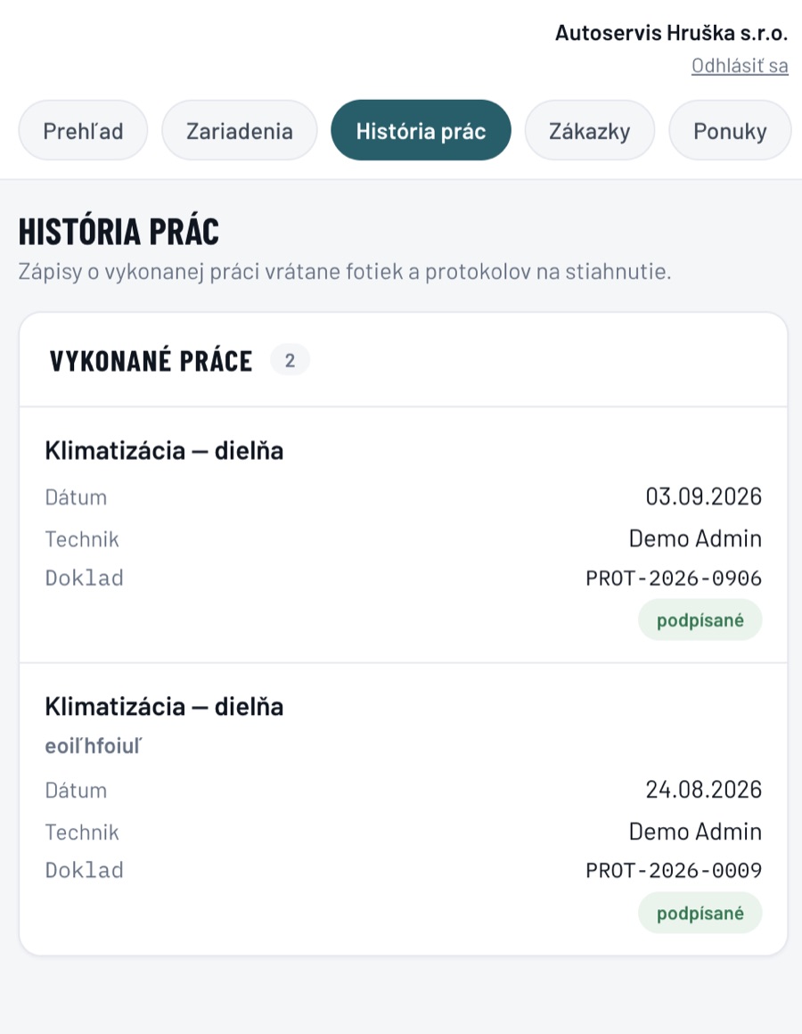 Zákaznícky portál s históriou prác na výťahoch