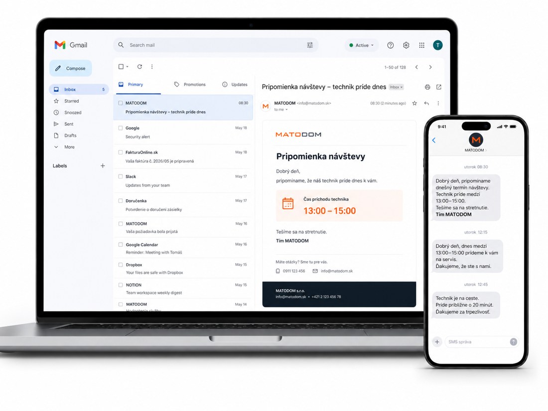 MATODOM automatické SMS a e-mailové notifikácie zákazníkom o termínoch a stave zákazky