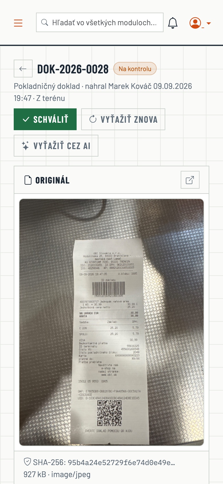 Odfotený bloček s načítanými údajmi