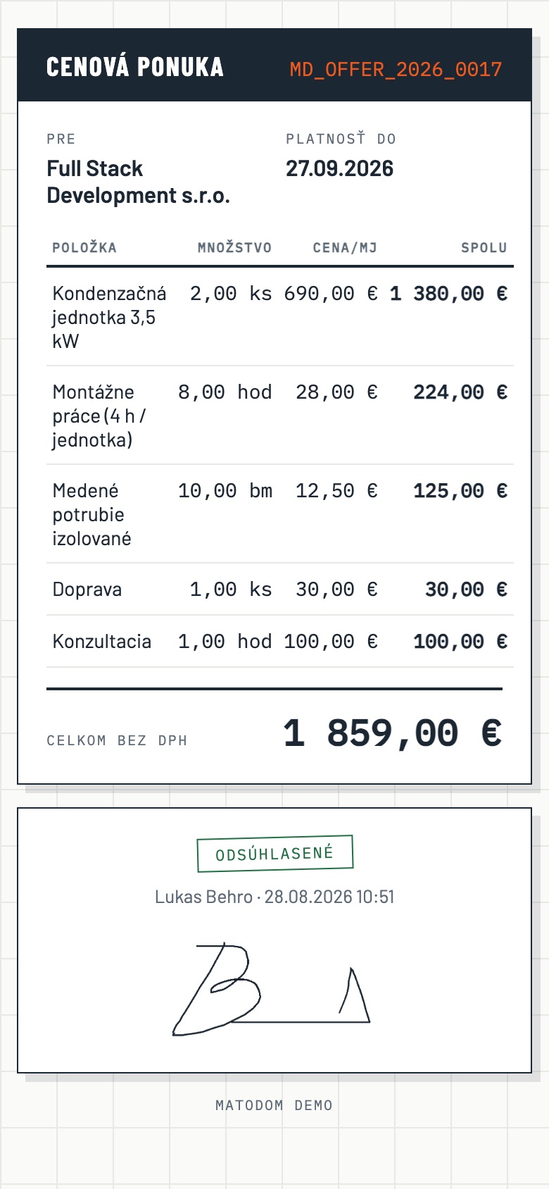 Cenová ponuka odsúhlasená a podpísaná zákazníkom v telefóne